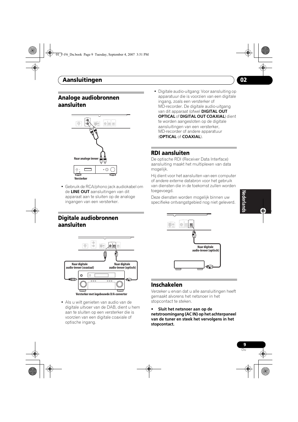 Analoge audiobronnen aansluiten, Digitale audiobronnen aansluiten, Rdi aansluiten | Inschakelen, Aansluitingen 02 | Pioneer F-F6-J User Manual | Page 99 / 182