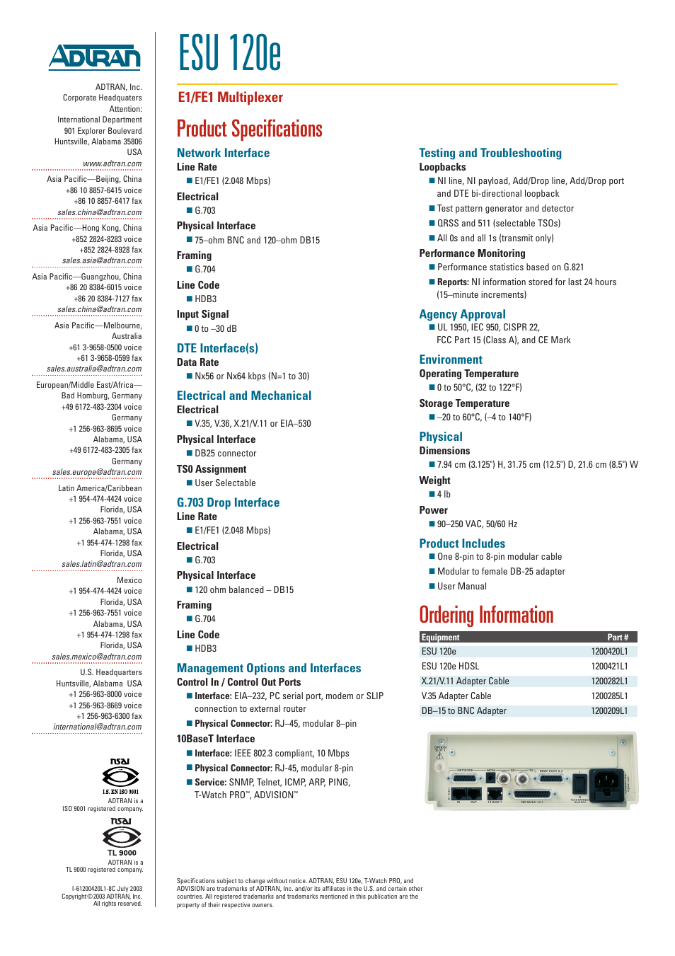 Esu 120e, Product specifications, Ordering information | E1/fe1 multiplexer, Network interface, Dte interface(s), Electrical and mechanical, G.703 drop interface, Management options and interfaces, Testing and troubleshooting | ADTRAN ESU 120e User Manual | Page 2 / 2