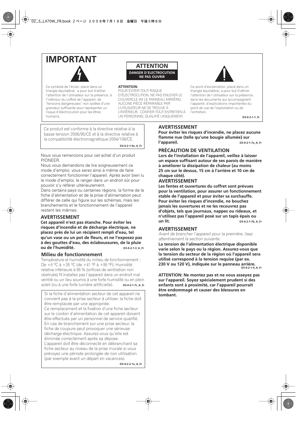 Important, Attention, Avertissement | Précaution de ventilation, Milieu de fonctionnement | Pioneer S-LX70W User Manual | Page 10 / 99