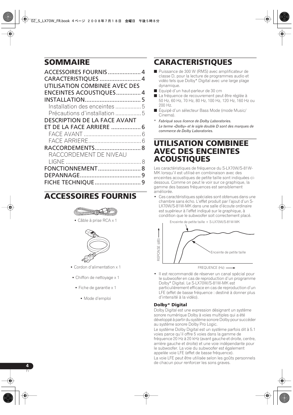 Mode d’emploi, Sommaire, Accessoires fournis | Caracteristiques | Pioneer S-LX70W User Manual | Page 12 / 99