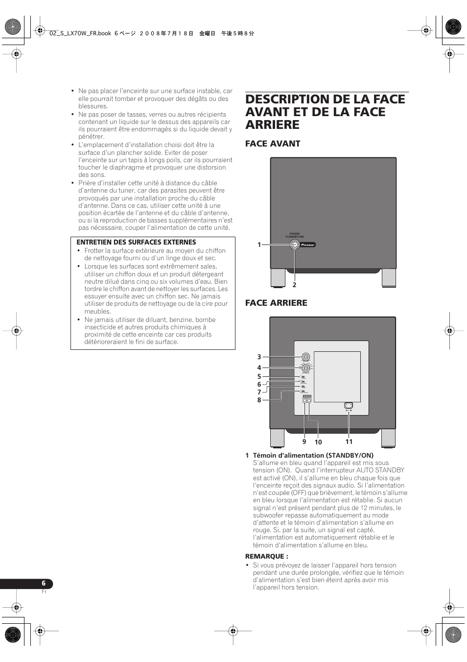 Description de la face avant et de la face arriere, Face avant face arriere | Pioneer S-LX70W User Manual | Page 14 / 99