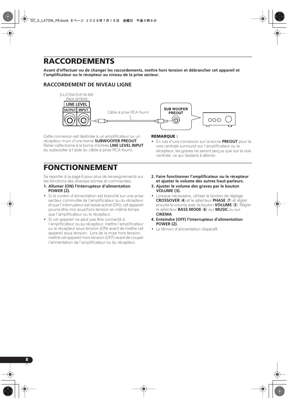 Raccordements, Raccordement de niveau ligne, Fonctionnement | Pioneer S-LX70W User Manual | Page 16 / 99