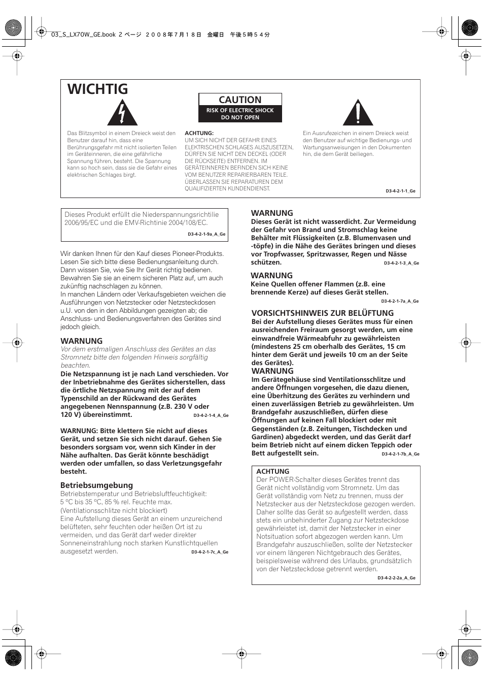 Wichtig, Caution | Pioneer S-LX70W User Manual | Page 18 / 99