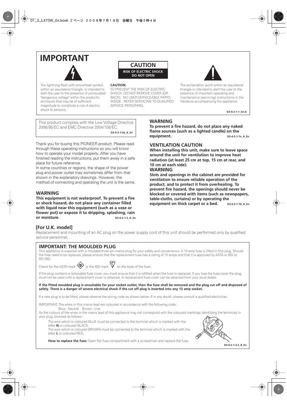 Important, Caution, For u.k. model | Important: the moulded plug, Warning, Ventilation caution | Pioneer S-LX70W User Manual | Page 2 / 99