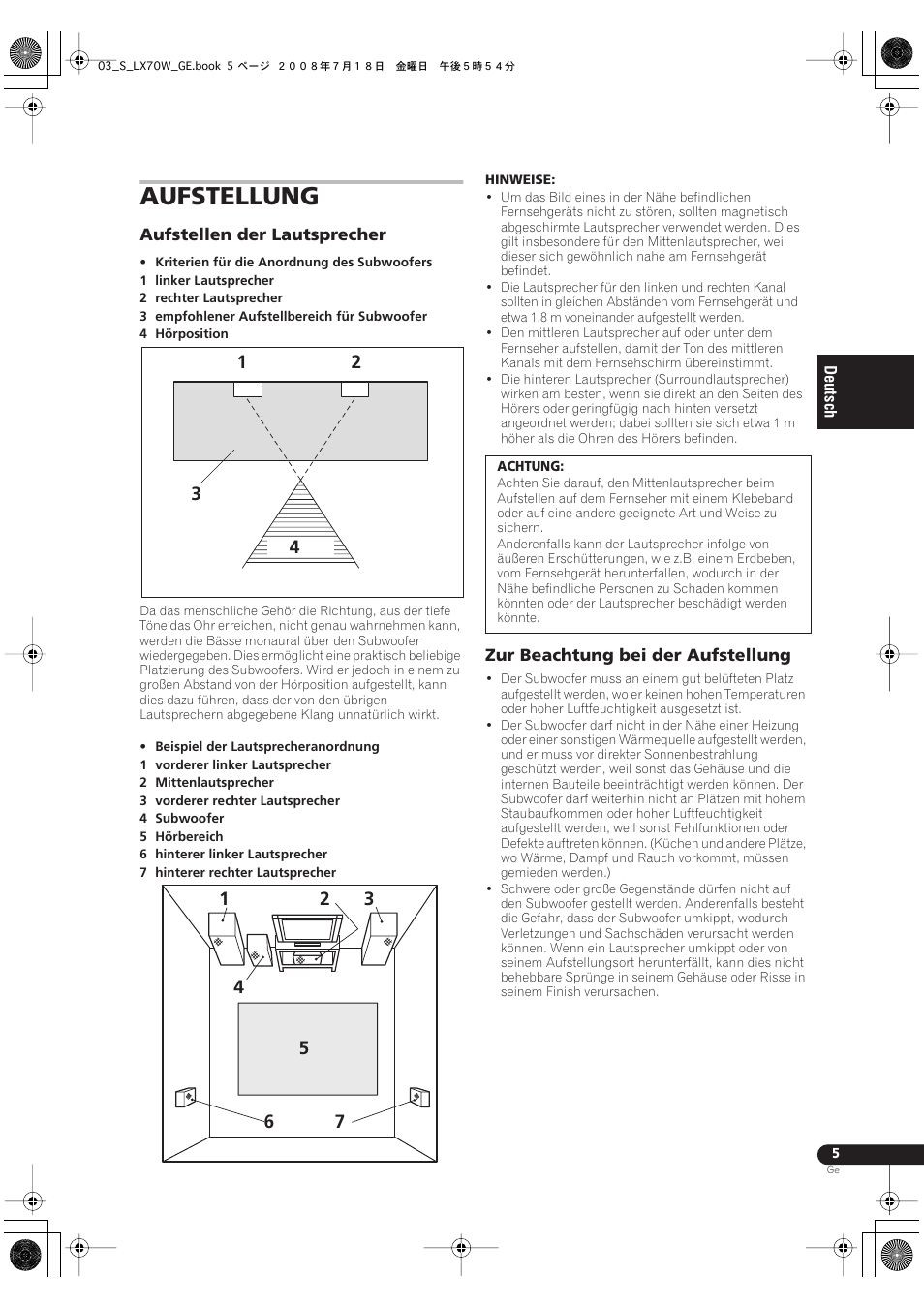 Aufstellung | Pioneer S-LX70W User Manual | Page 21 / 99