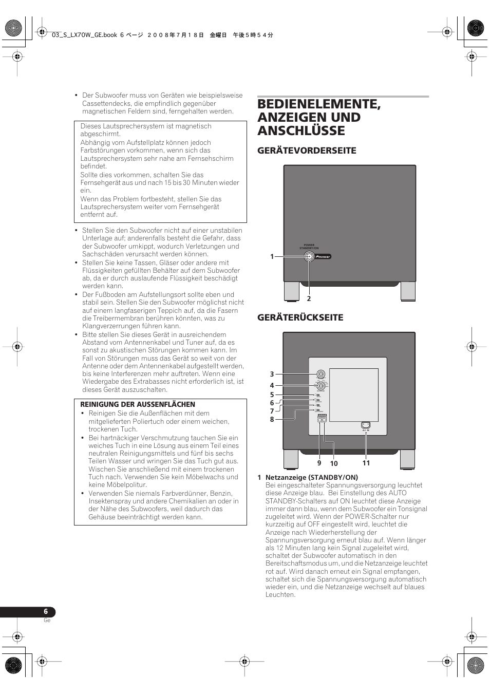 Bedienelemente, anzeigen und anschlüsse, Gerätevorderseite geräterückseite | Pioneer S-LX70W User Manual | Page 22 / 99