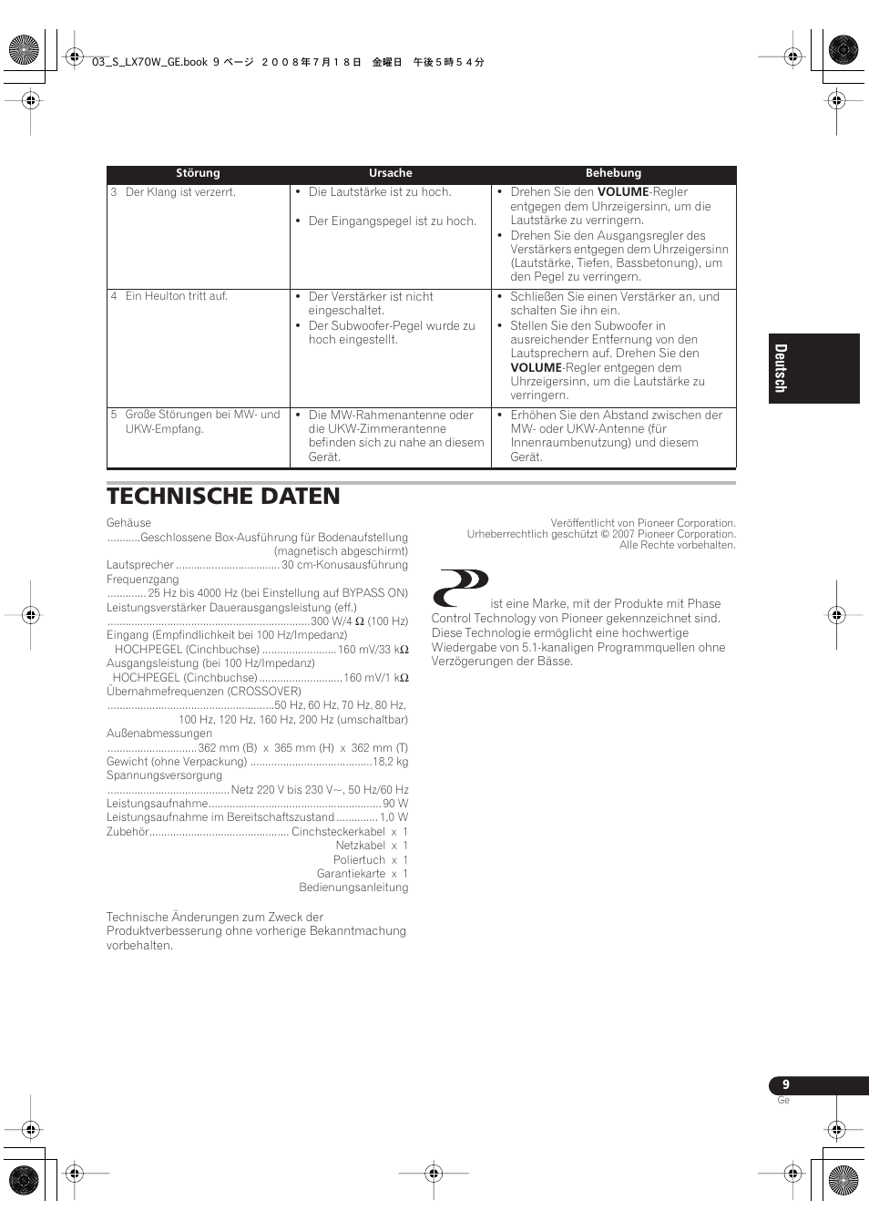 Technische daten | Pioneer S-LX70W User Manual | Page 25 / 99