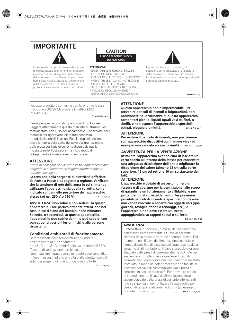 Importante, Caution | Pioneer S-LX70W User Manual | Page 26 / 99