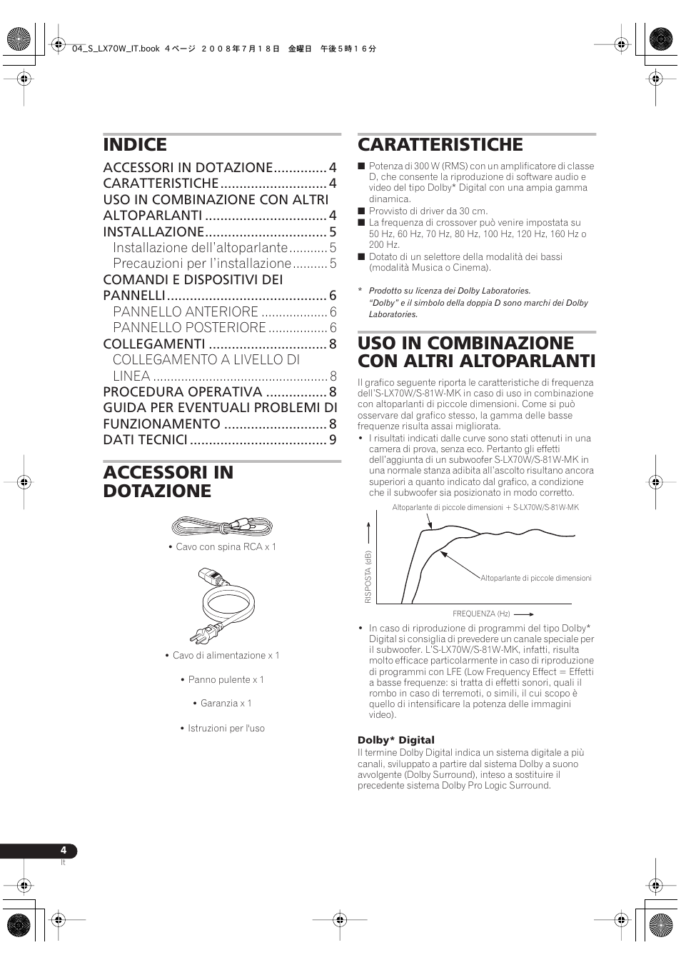 Istruzioni per i’uso, Indice, Accessori in dotazione | Caratteristiche, Uso in combinazione con altri altoparlanti | Pioneer S-LX70W User Manual | Page 28 / 99