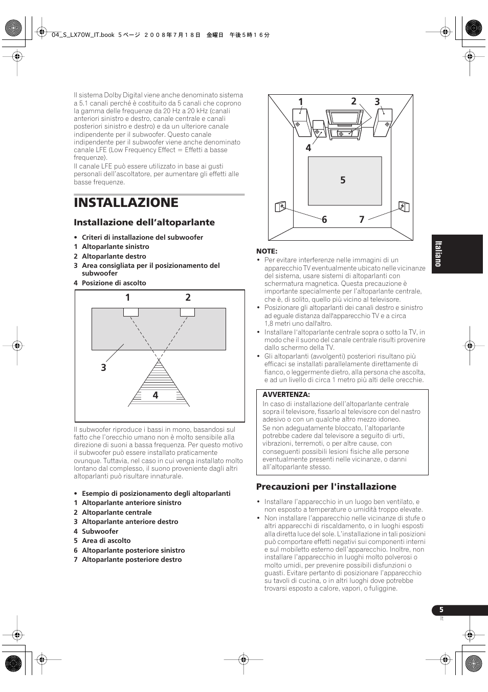 Installazione | Pioneer S-LX70W User Manual | Page 29 / 99