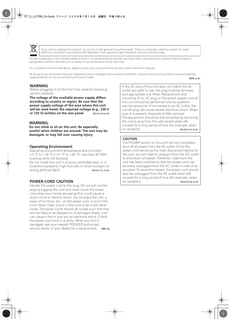 Warning, Operating environment, Power-cord caution | Pioneer S-LX70W User Manual | Page 3 / 99