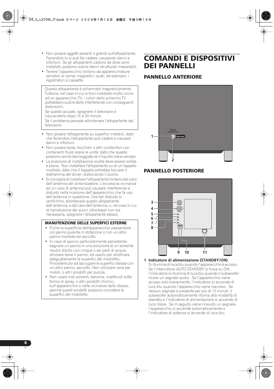 Comandi e dispositivi dei pannelli, Pannello anteriore pannello posteriore | Pioneer S-LX70W User Manual | Page 30 / 99