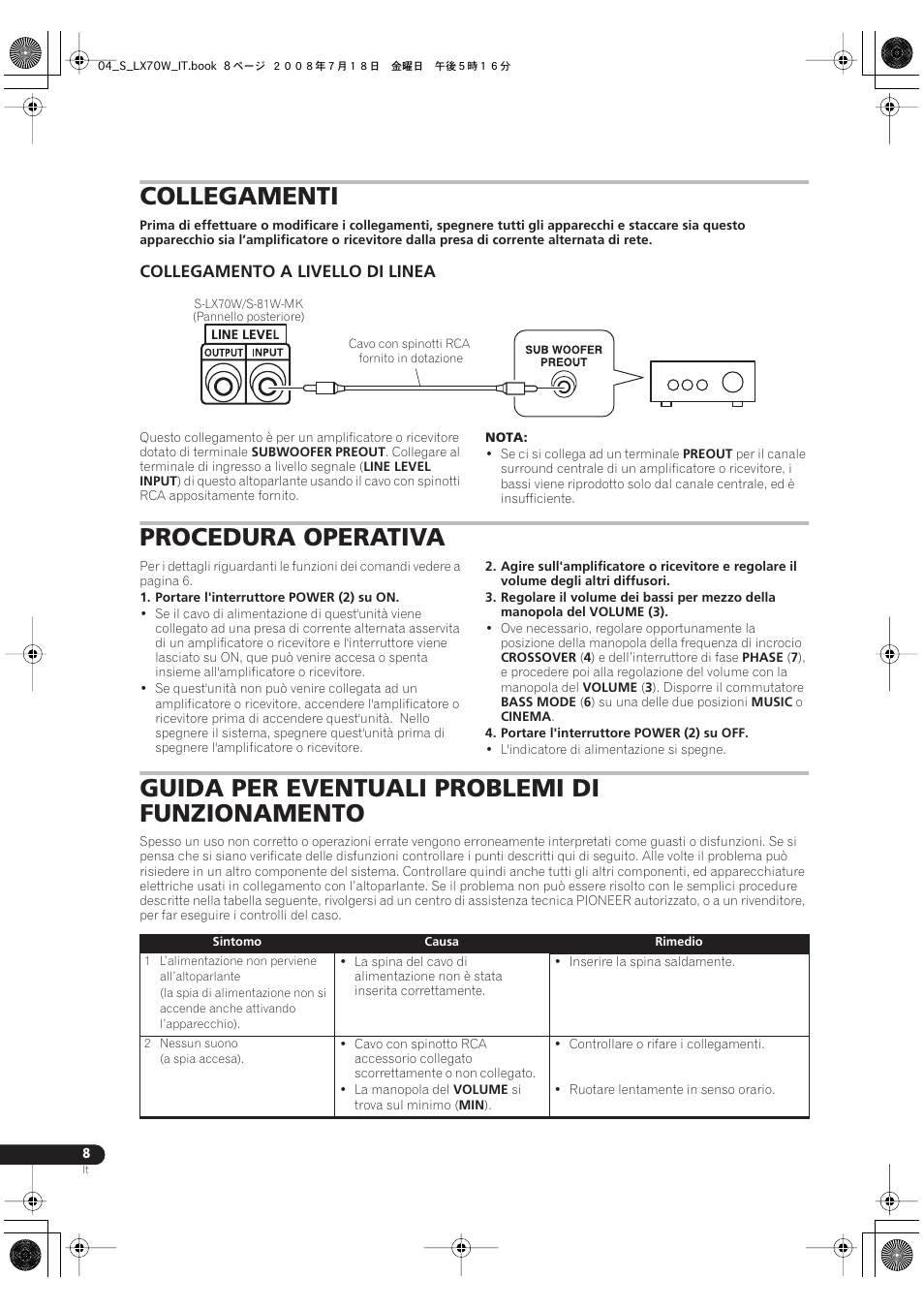 Collegamenti, Collegamento a livello di linea, Procedura operativa | Guida per eventuali problemi di funzionamento | Pioneer S-LX70W User Manual | Page 32 / 99
