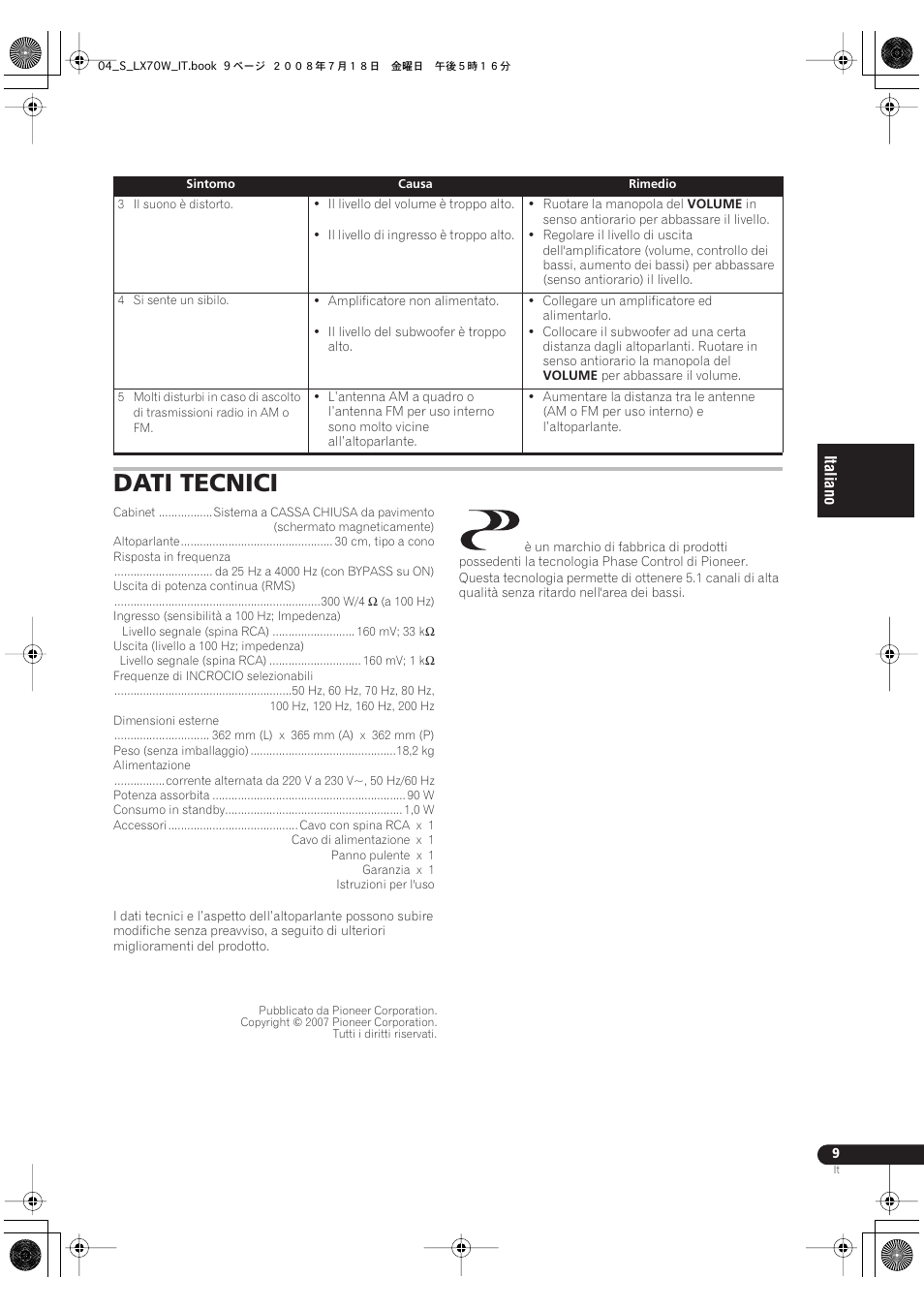 Dati tecnici | Pioneer S-LX70W User Manual | Page 33 / 99