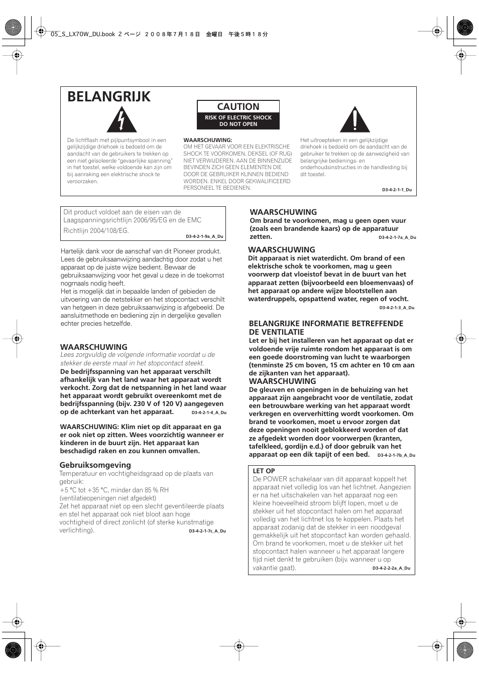 Belangrijk, Caution | Pioneer S-LX70W User Manual | Page 34 / 99
