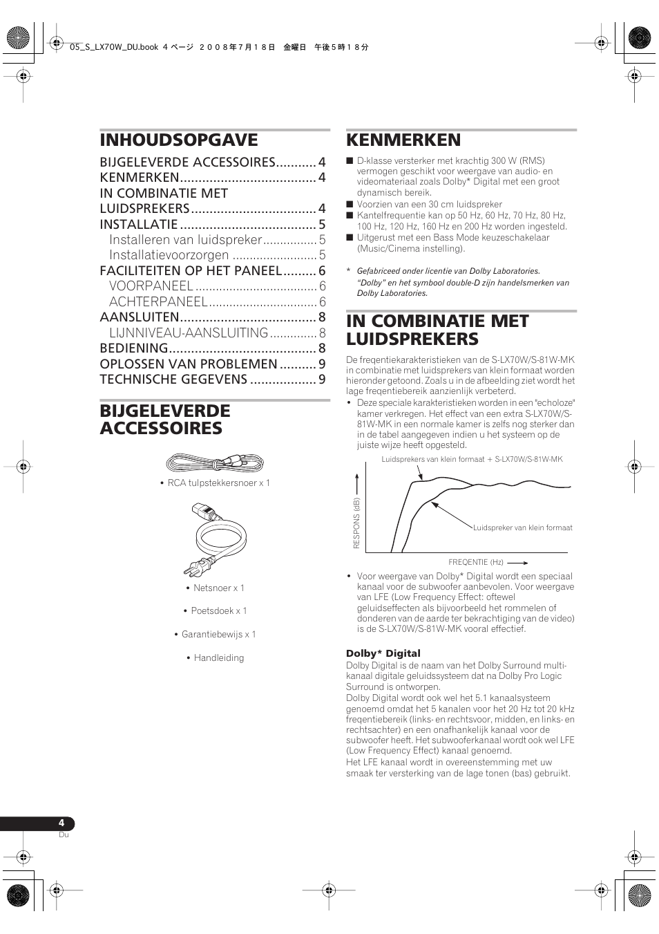 Handleiding, Inhoudsopgave, Bijgeleverde accessoires | Kenmerken | Pioneer S-LX70W User Manual | Page 36 / 99