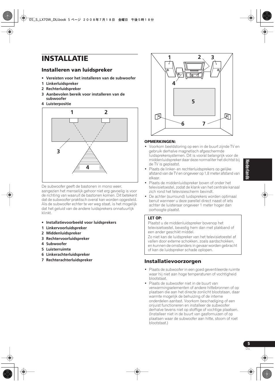 Installatie, Installeren van luidspreker installatievoorzorgen | Pioneer S-LX70W User Manual | Page 37 / 99