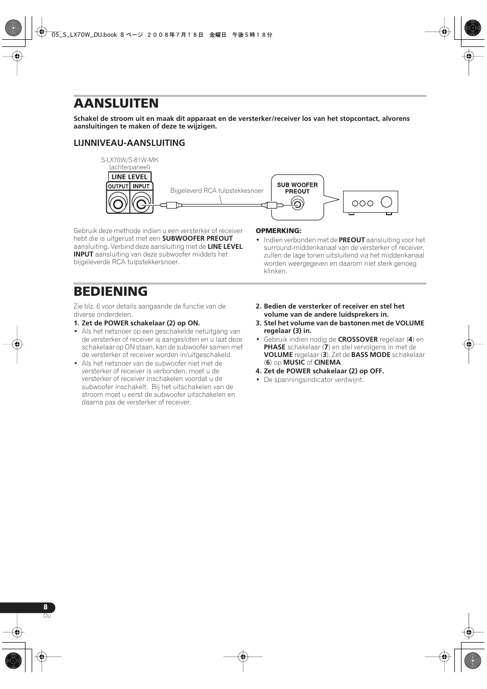 Aansluiten, Lijnniveau-aansluiting, Bediening | Pioneer S-LX70W User Manual | Page 40 / 99