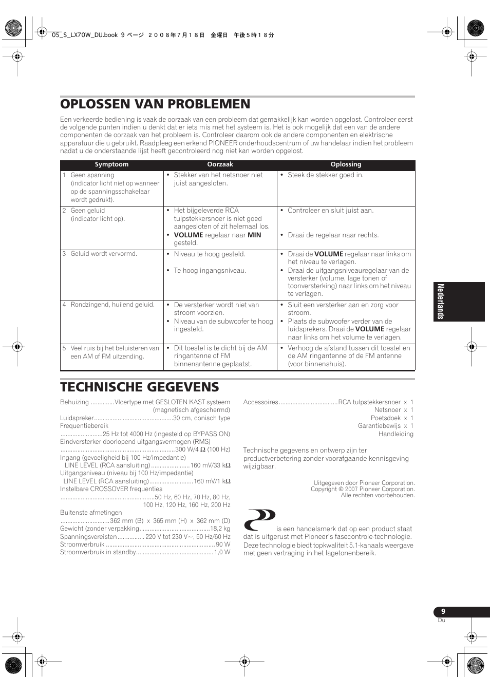 Oplossen van problemen technische gegevens, Oplossen van problemen, Technische gegevens | Pioneer S-LX70W User Manual | Page 41 / 99