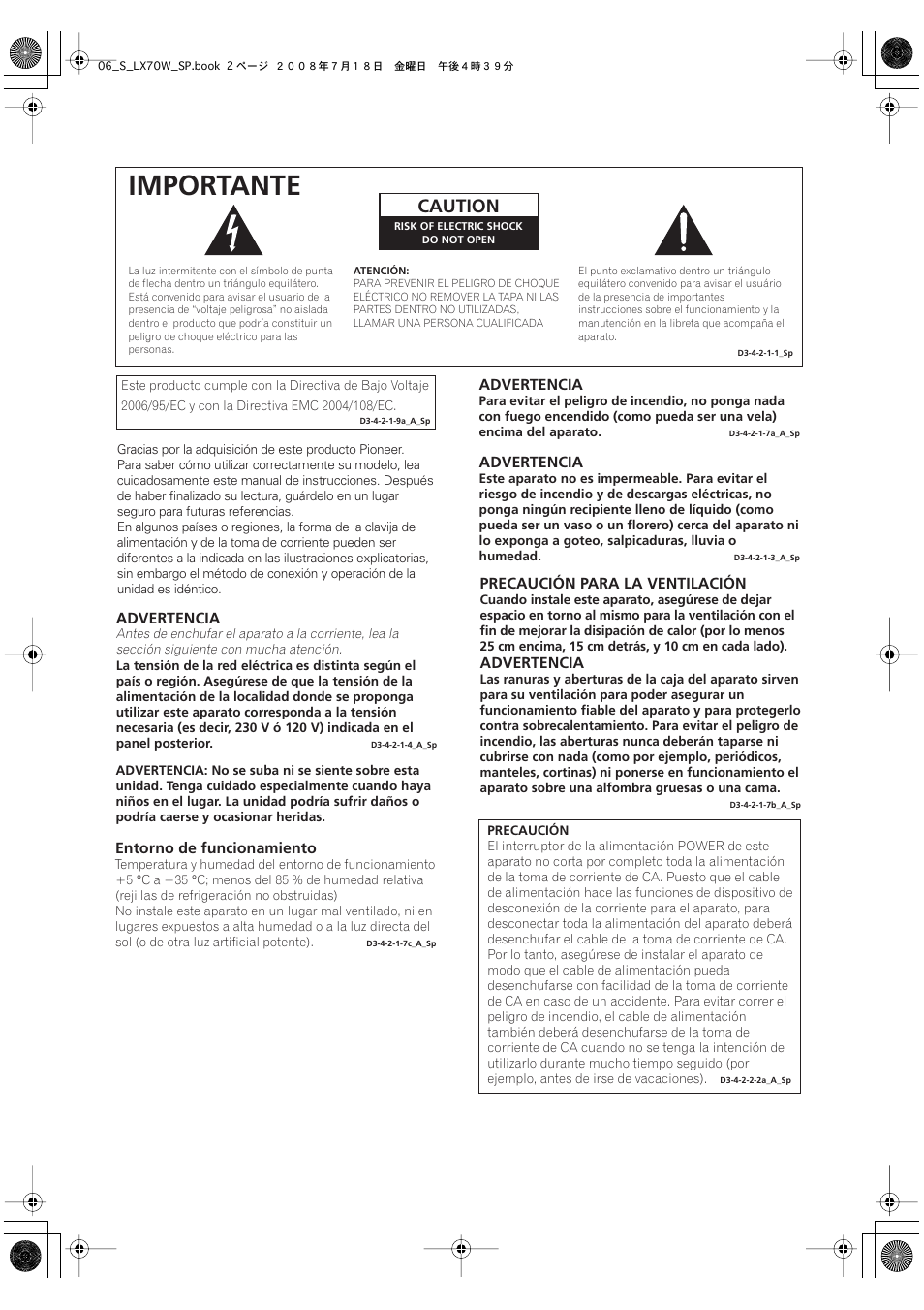 Importante, Caution | Pioneer S-LX70W User Manual | Page 42 / 99