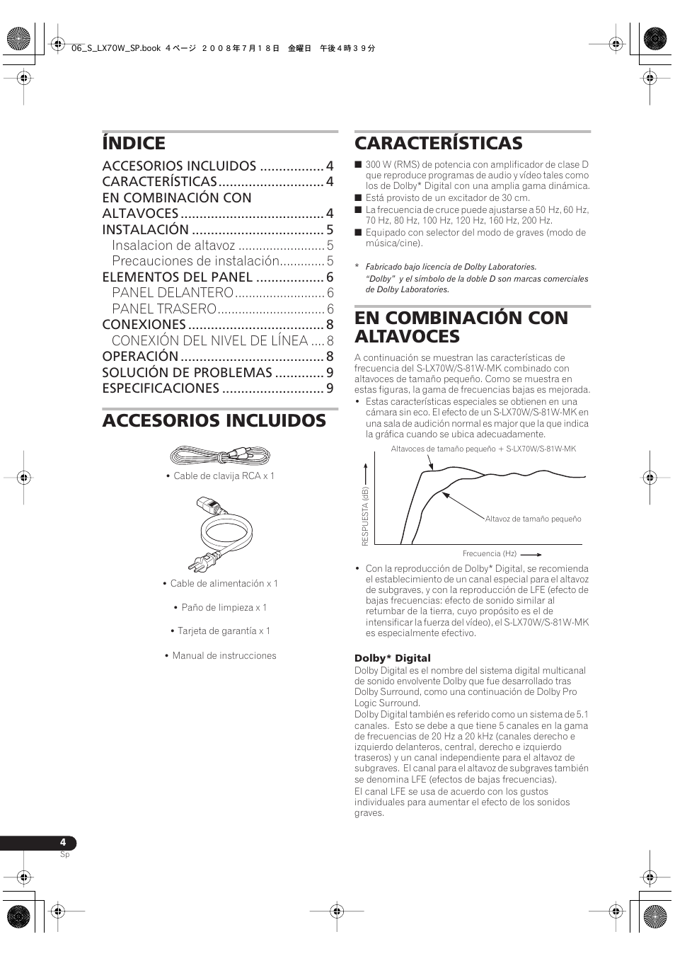 Manual de instrucciones, Índice, Accesorios incluidos | Características, En combinación con altavoces | Pioneer S-LX70W User Manual | Page 44 / 99