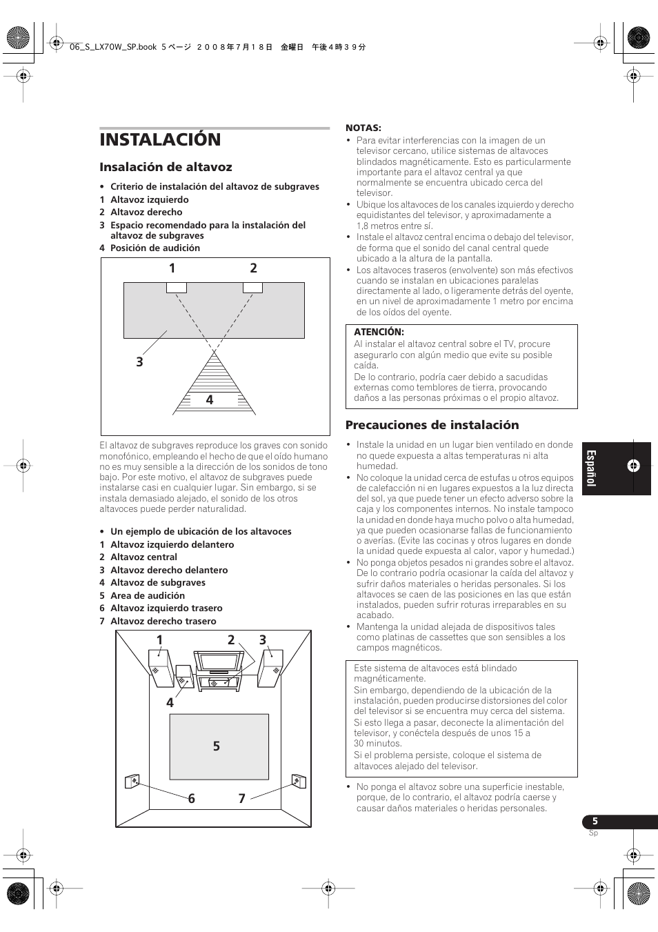 Instalación, Insalacion de altavoz precauciones de instalación | Pioneer S-LX70W User Manual | Page 45 / 99