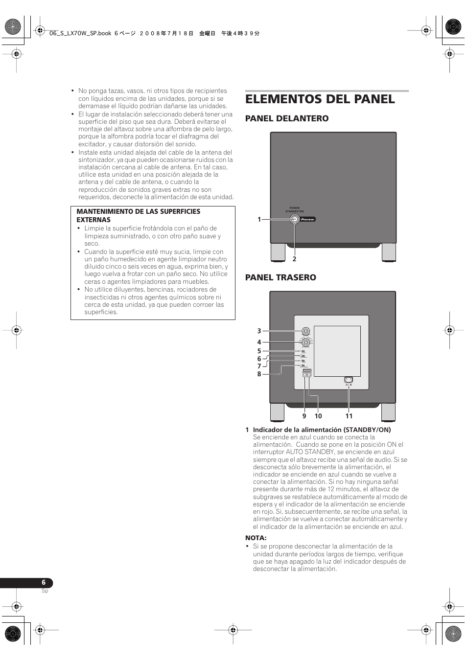 Elementos del panel, Panel delantero panel trasero | Pioneer S-LX70W User Manual | Page 46 / 99