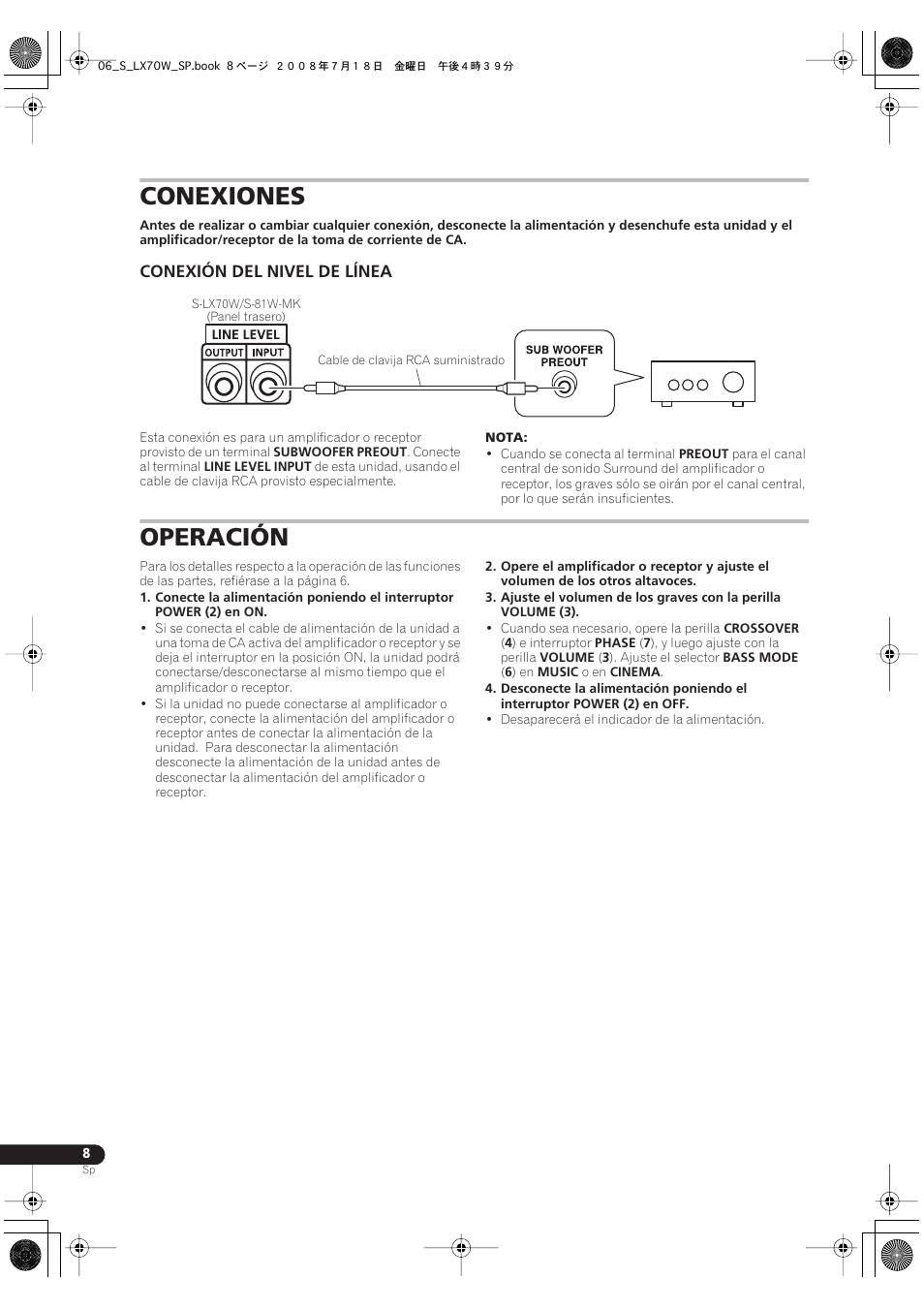 Conexiones, Conexión del nivel de línea, Operación | Pioneer S-LX70W User Manual | Page 48 / 99