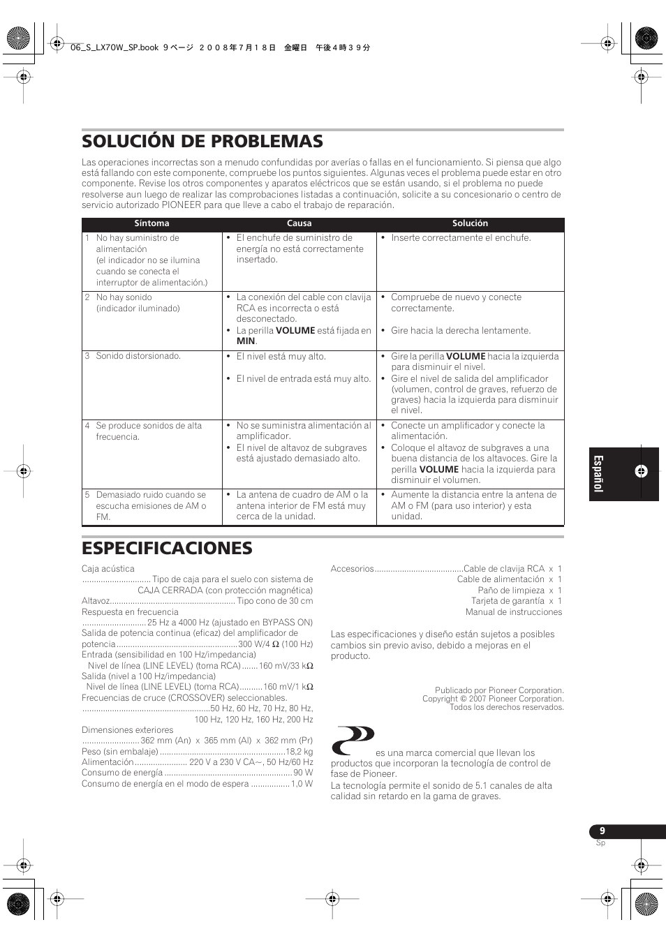 Solución de problemas especificaciones, Solución de problemas, Especificaciones | Pioneer S-LX70W User Manual | Page 49 / 99