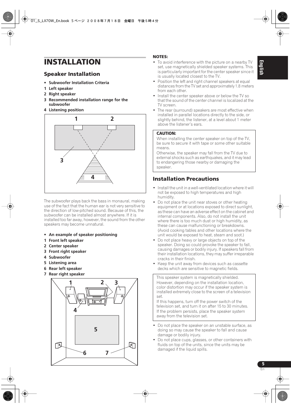 Installation, Speaker installation installation precautions | Pioneer S-LX70W User Manual | Page 5 / 99