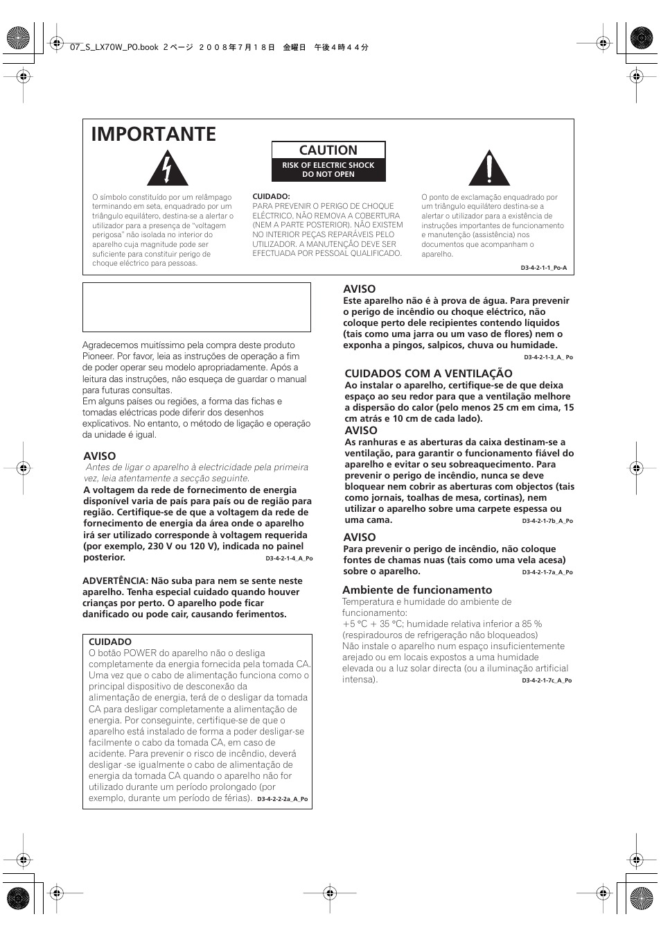 Importante, Caution | Pioneer S-LX70W User Manual | Page 50 / 99