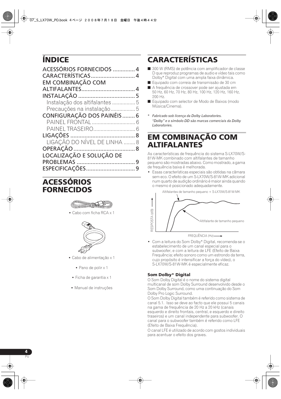 Manual de instruções, Índice, Acessórios fornecidos | Características, Em combinação com altifalantes | Pioneer S-LX70W User Manual | Page 52 / 99