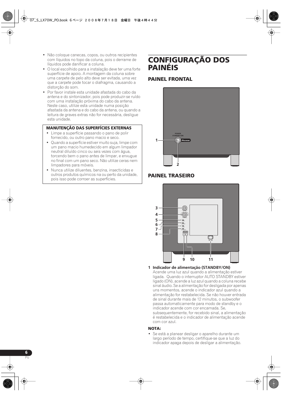 Configuração dos painéis, Painel frontal painel traseiro | Pioneer S-LX70W User Manual | Page 54 / 99