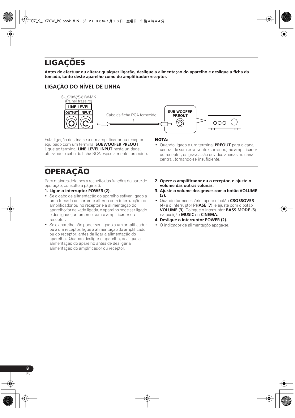 Ligações, Ligação do nível de linha, Operação | Pioneer S-LX70W User Manual | Page 56 / 99