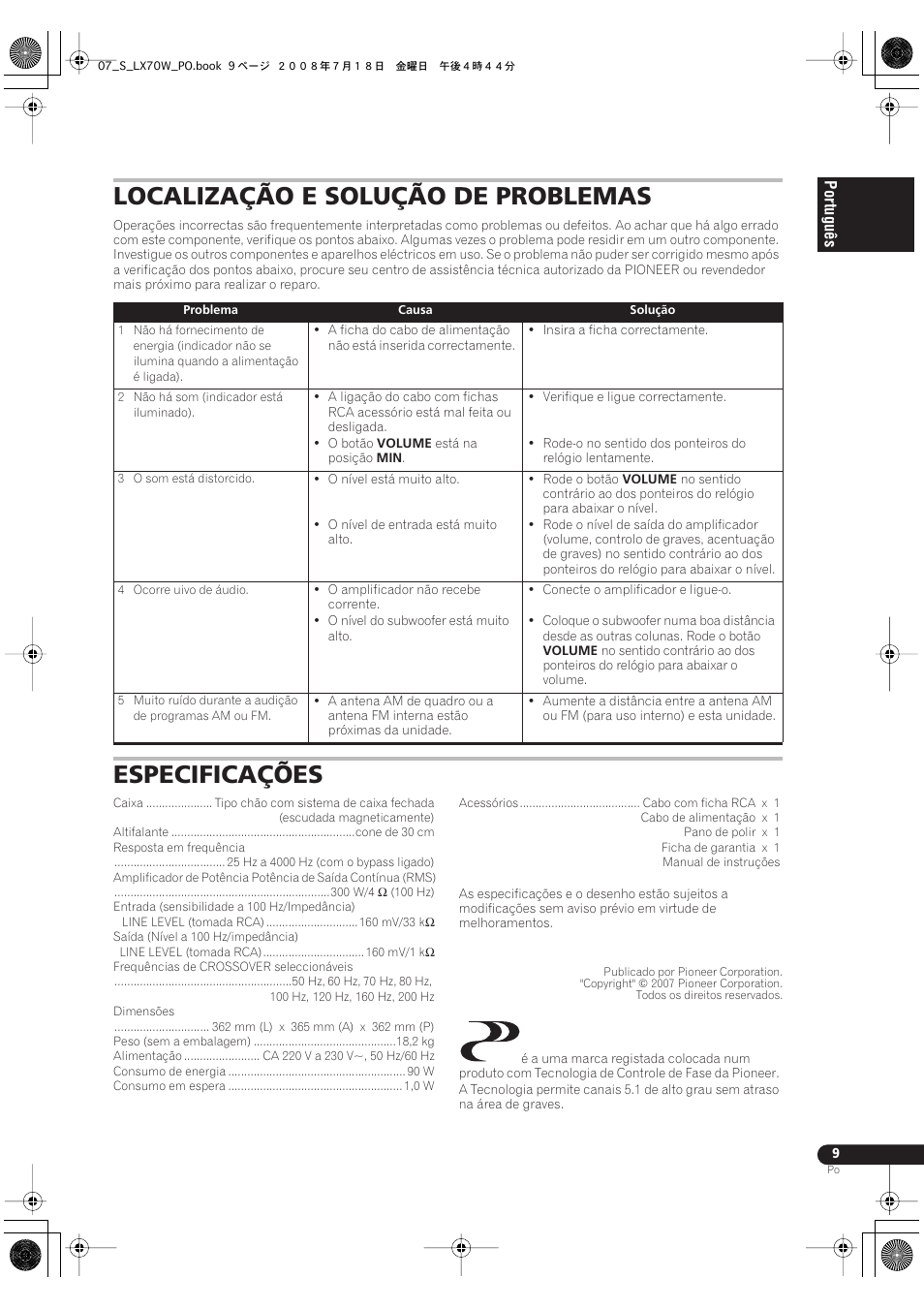 Localização e solução de problemas especificações, Localização e solução de problemas, Especificações | Pioneer S-LX70W User Manual | Page 57 / 99