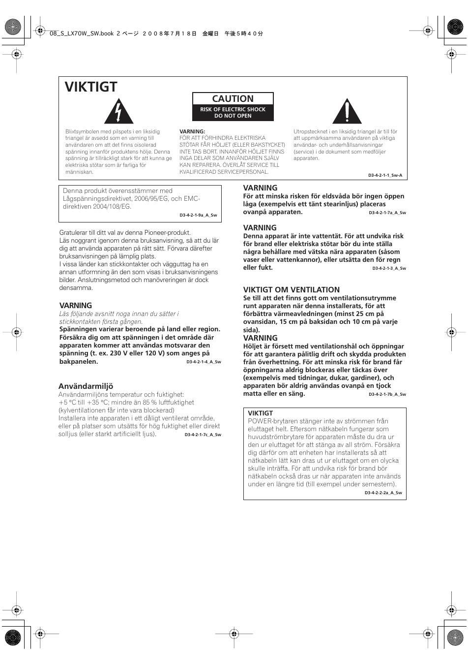 Viktigt, Caution | Pioneer S-LX70W User Manual | Page 58 / 99