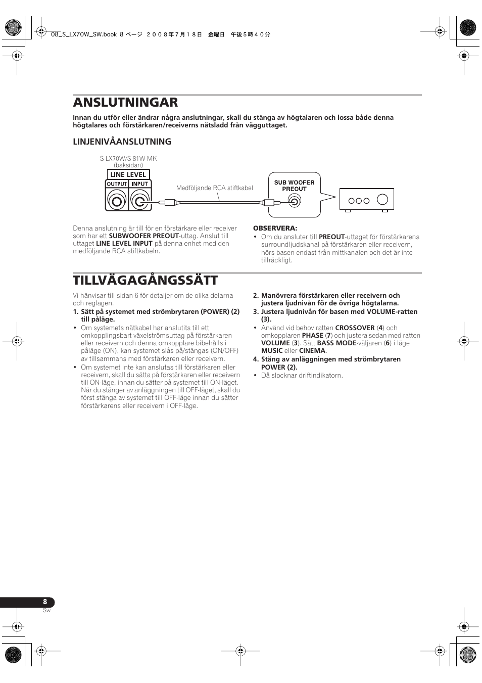 Anslutningar, Linjenivåanslutning, Tillvägagångssätt | Pioneer S-LX70W User Manual | Page 64 / 99