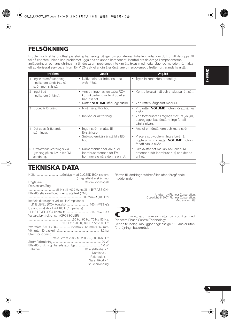 Felsökning tekniska data, Felsökning, Tekniska data | Pioneer S-LX70W User Manual | Page 65 / 99