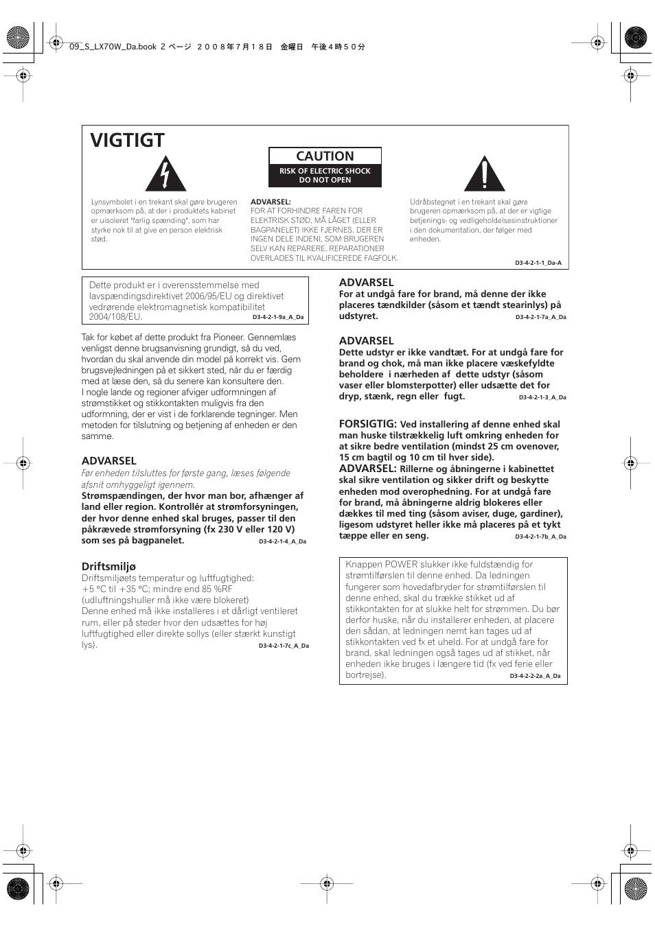 Vigtigt, Caution, Advarsel | Driftsmiljø, Forsigtig | Pioneer S-LX70W User Manual | Page 66 / 99