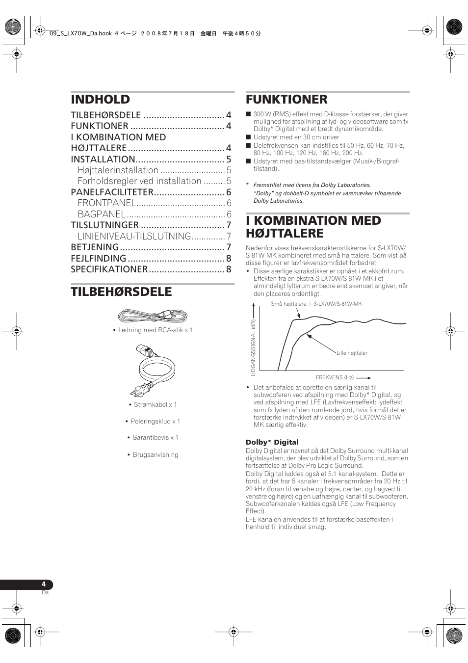 Brugsanvisning, Indhold, Tilbehørsdele | Funktioner, I kombination med højttalere | Pioneer S-LX70W User Manual | Page 68 / 99