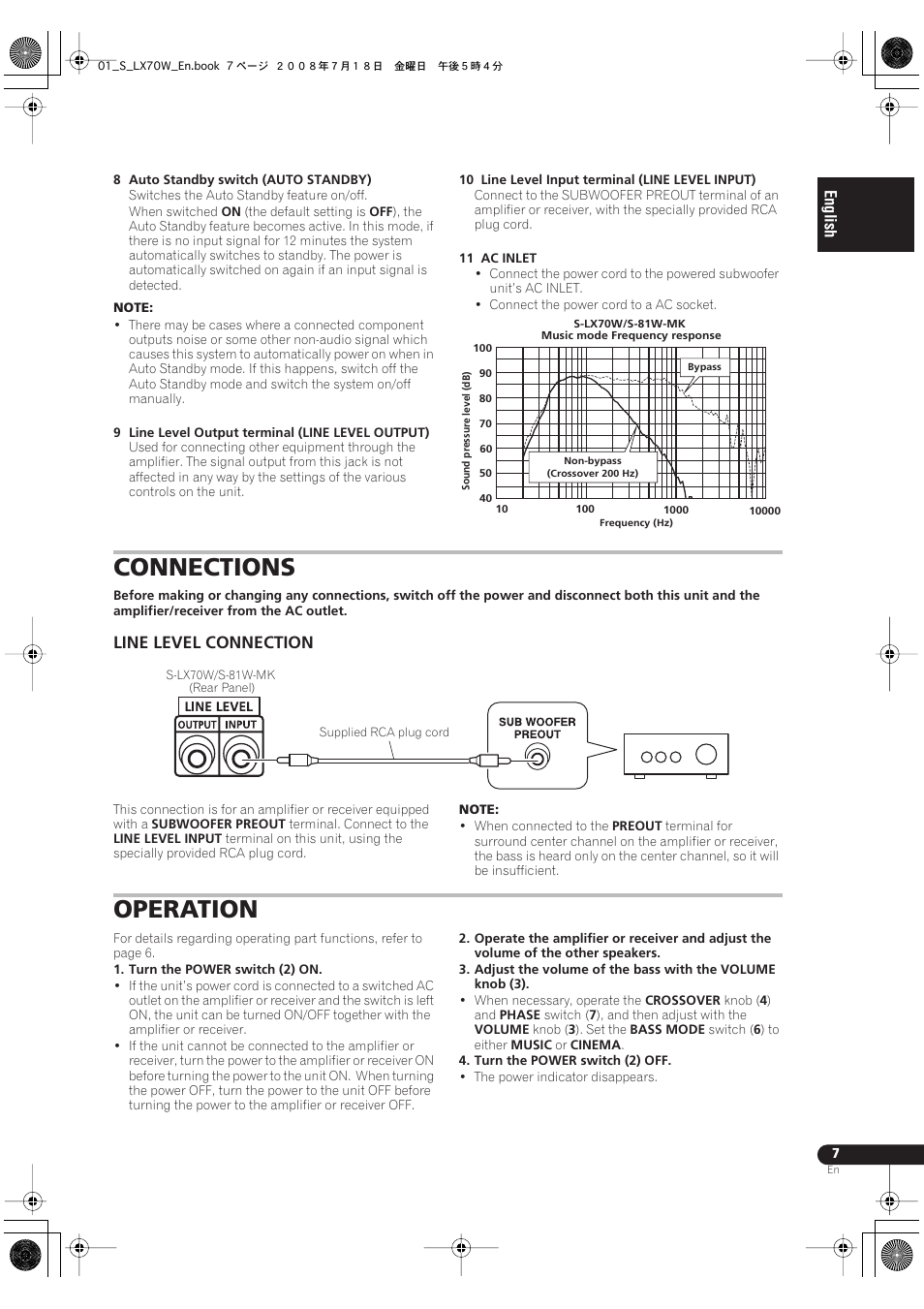 Connections, Line level connection, Operation | Pioneer S-LX70W User Manual | Page 7 / 99