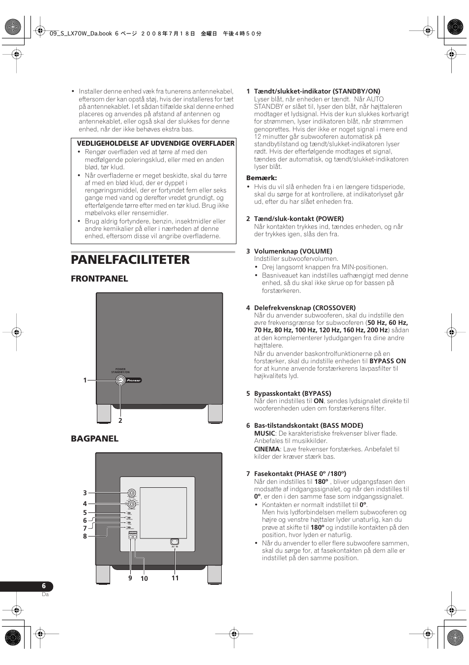 Panelfaciliteter, Frontpanel bagpanel | Pioneer S-LX70W User Manual | Page 70 / 99