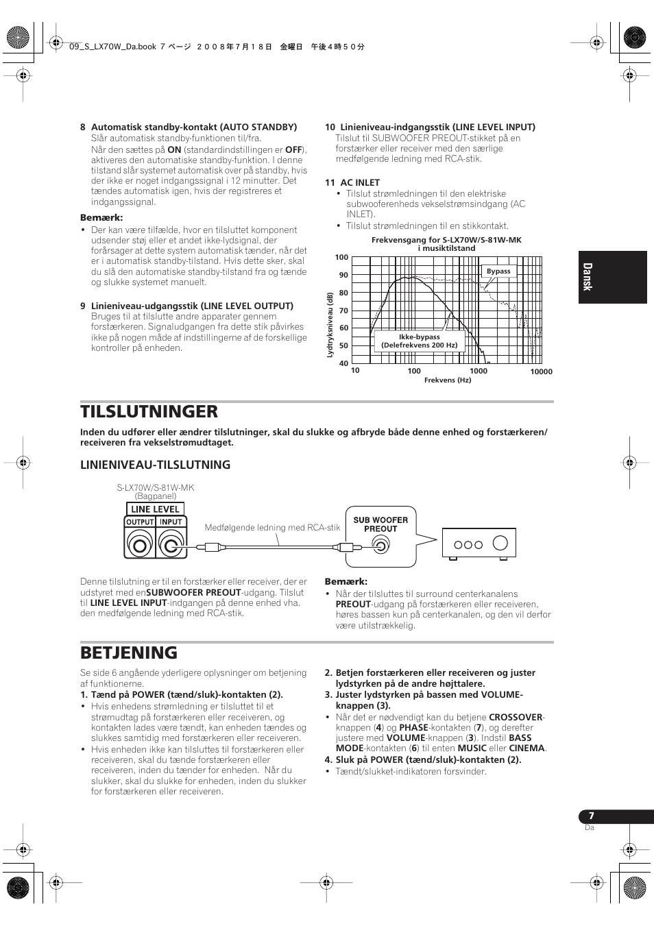 Tilslutninger, Linieniveau-tilslutning, Betjening | Pioneer S-LX70W User Manual | Page 71 / 99