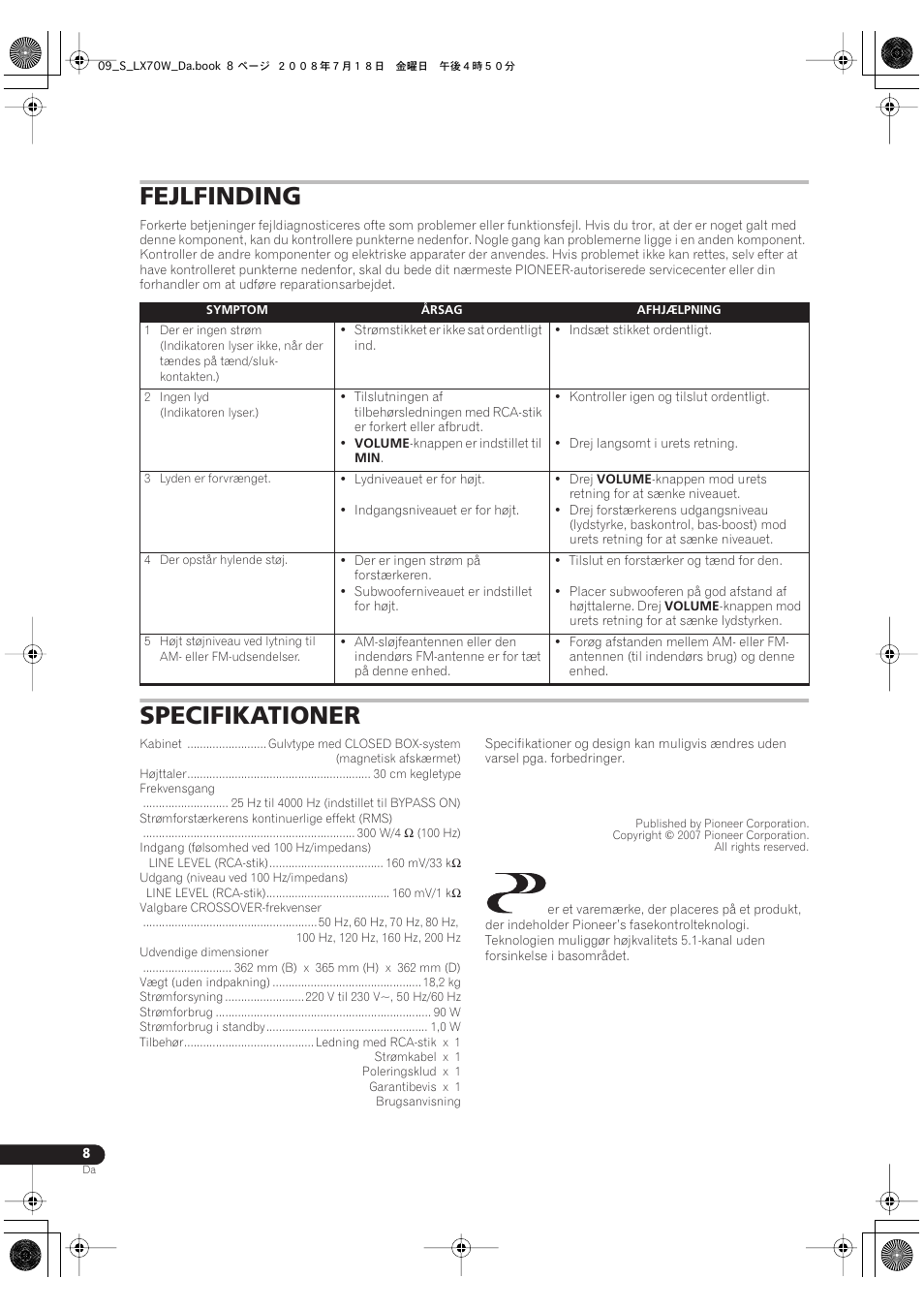 Fejlfinding specifikationer, Fejlfinding, Specifikationer | Pioneer S-LX70W User Manual | Page 72 / 99