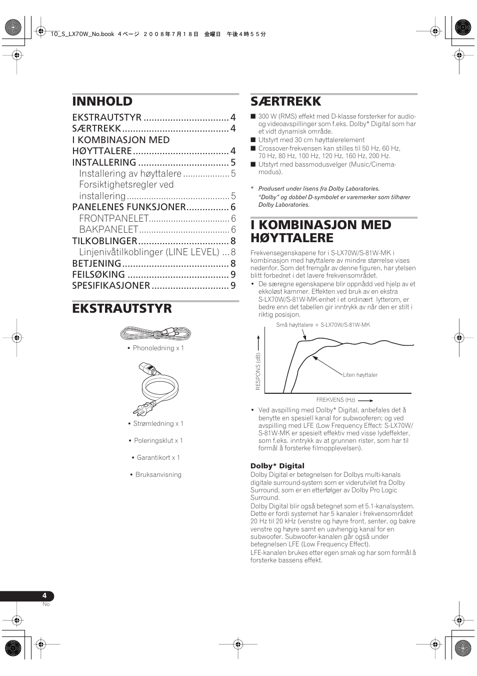 Bruksanvisning, Innhold, Ekstrautstyr | Særtrekk, I kombinasjon med høyttalere | Pioneer S-LX70W User Manual | Page 76 / 99