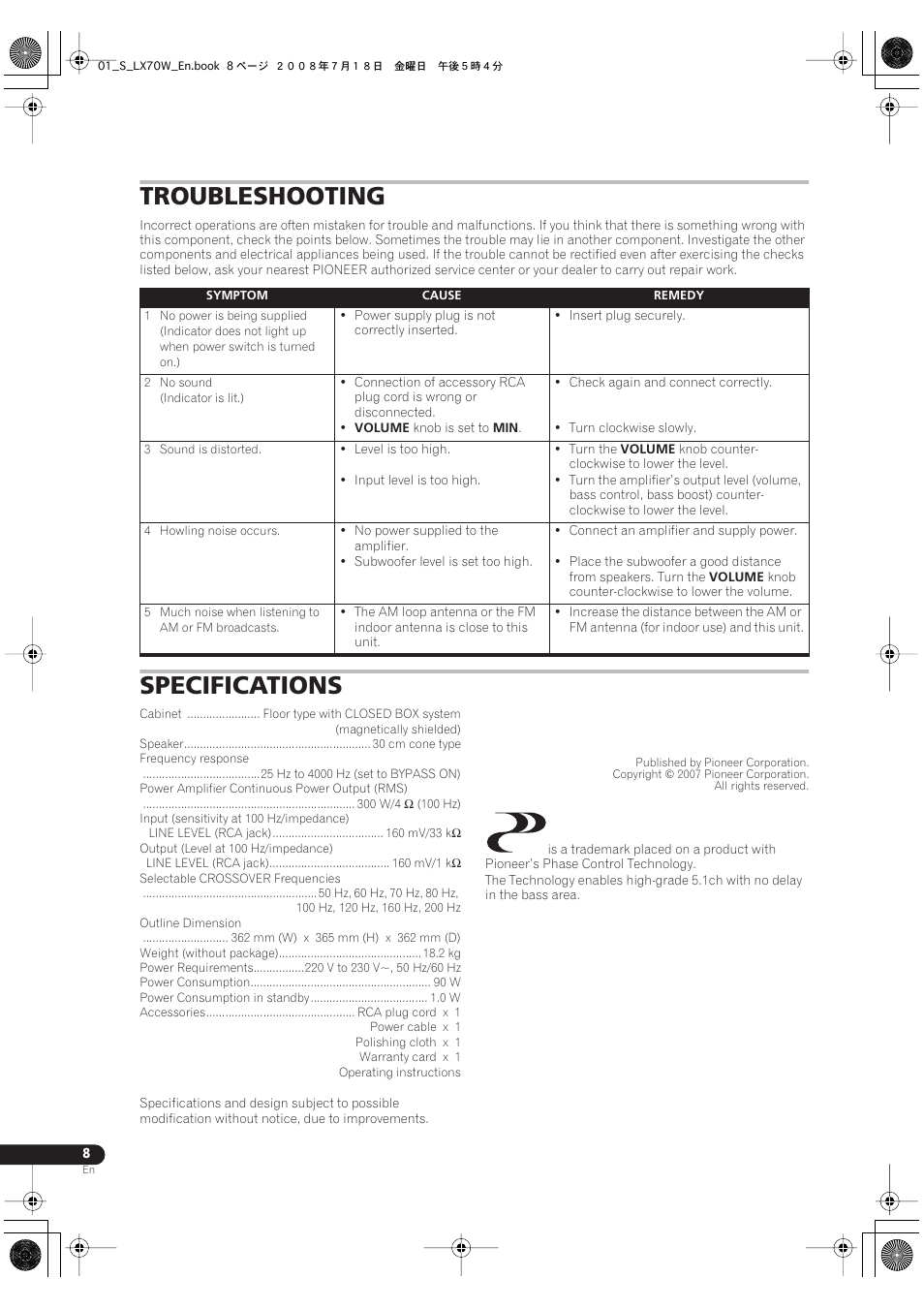 Troubleshooting specifications, Troubleshooting, Specifications | Pioneer S-LX70W User Manual | Page 8 / 99