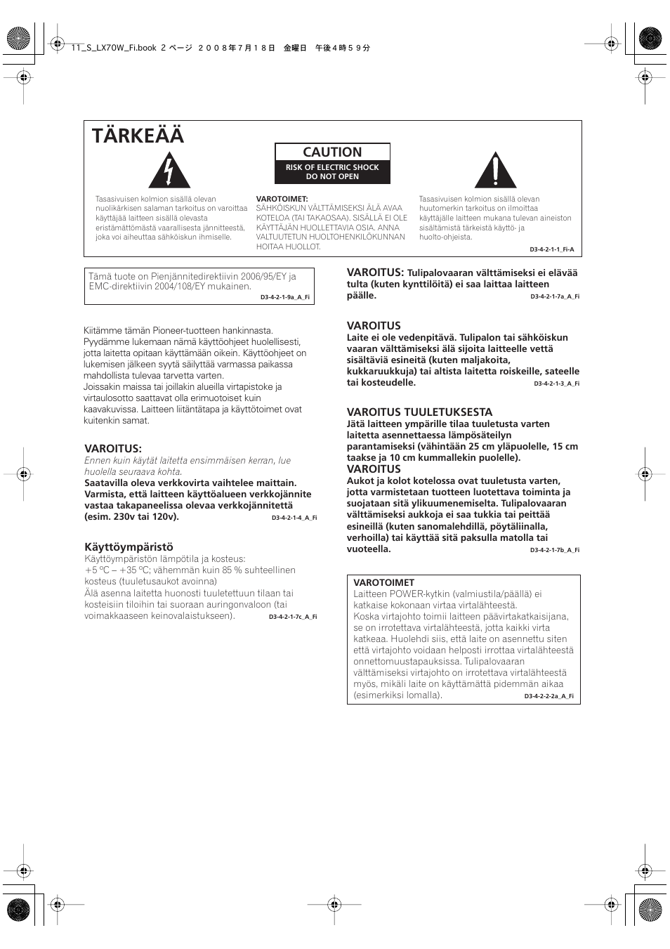 Tärkeää, Caution | Pioneer S-LX70W User Manual | Page 82 / 99