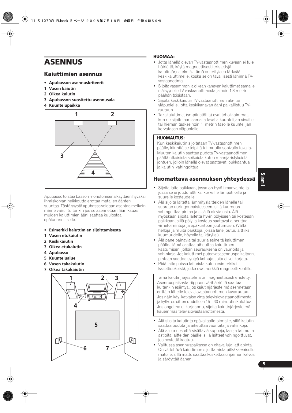 Asennus | Pioneer S-LX70W User Manual | Page 85 / 99