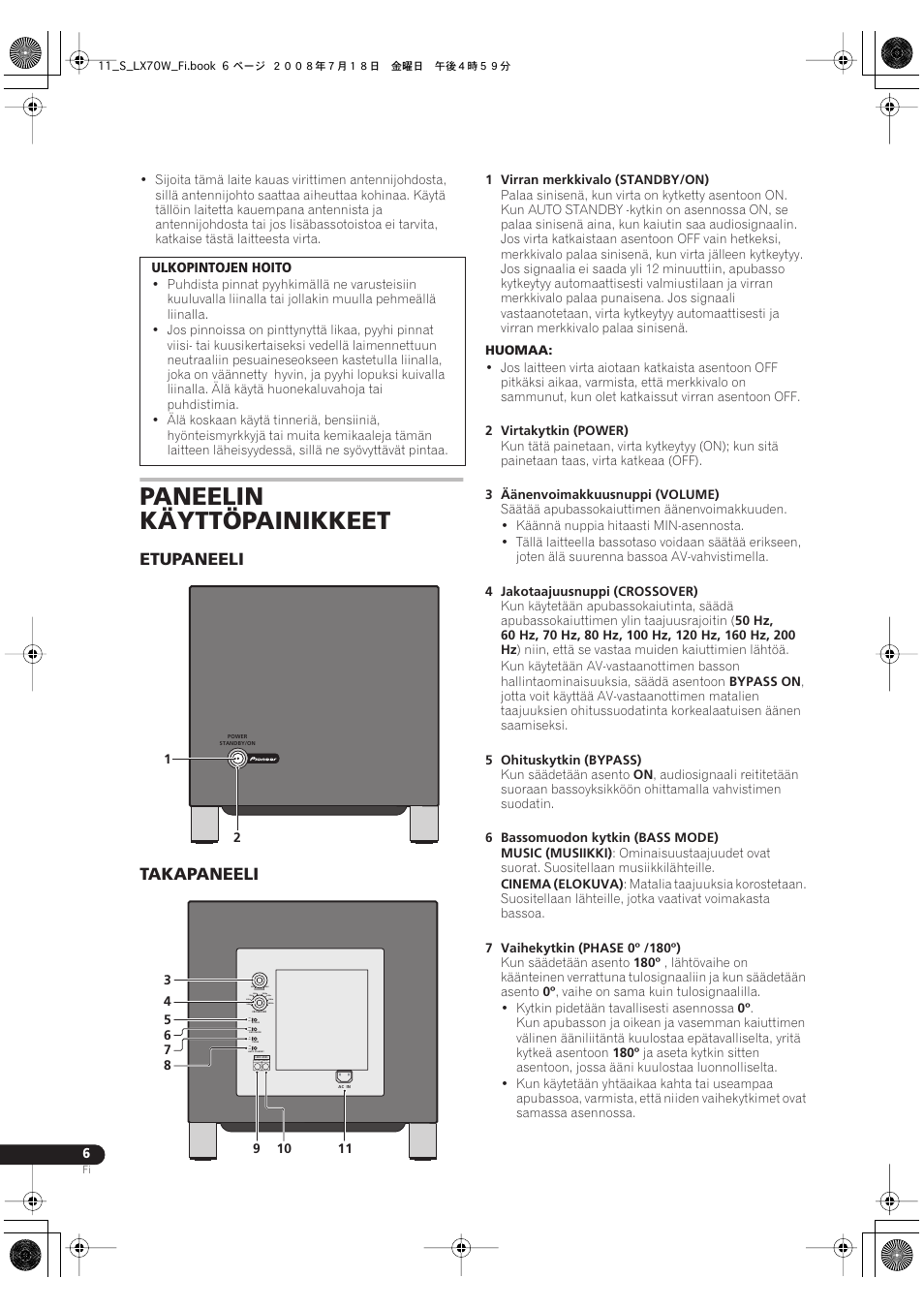 Paneelin käyttöpainikkeet, Etupaneeli takapaneeli | Pioneer S-LX70W User Manual | Page 86 / 99