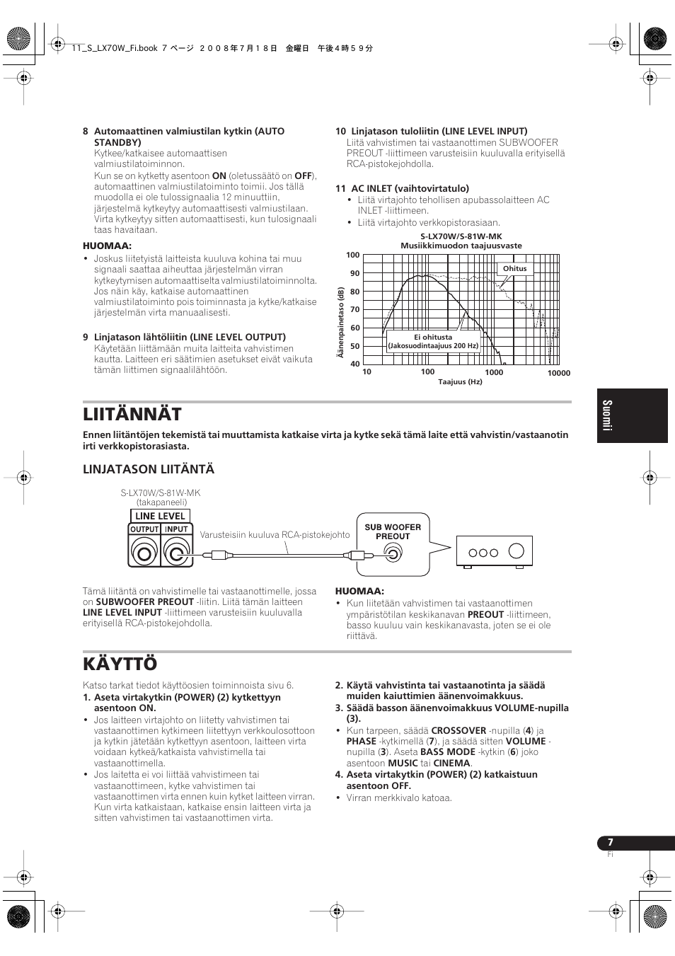 Liitännät, Linjatason liitäntä, Käyttö | Pioneer S-LX70W User Manual | Page 87 / 99